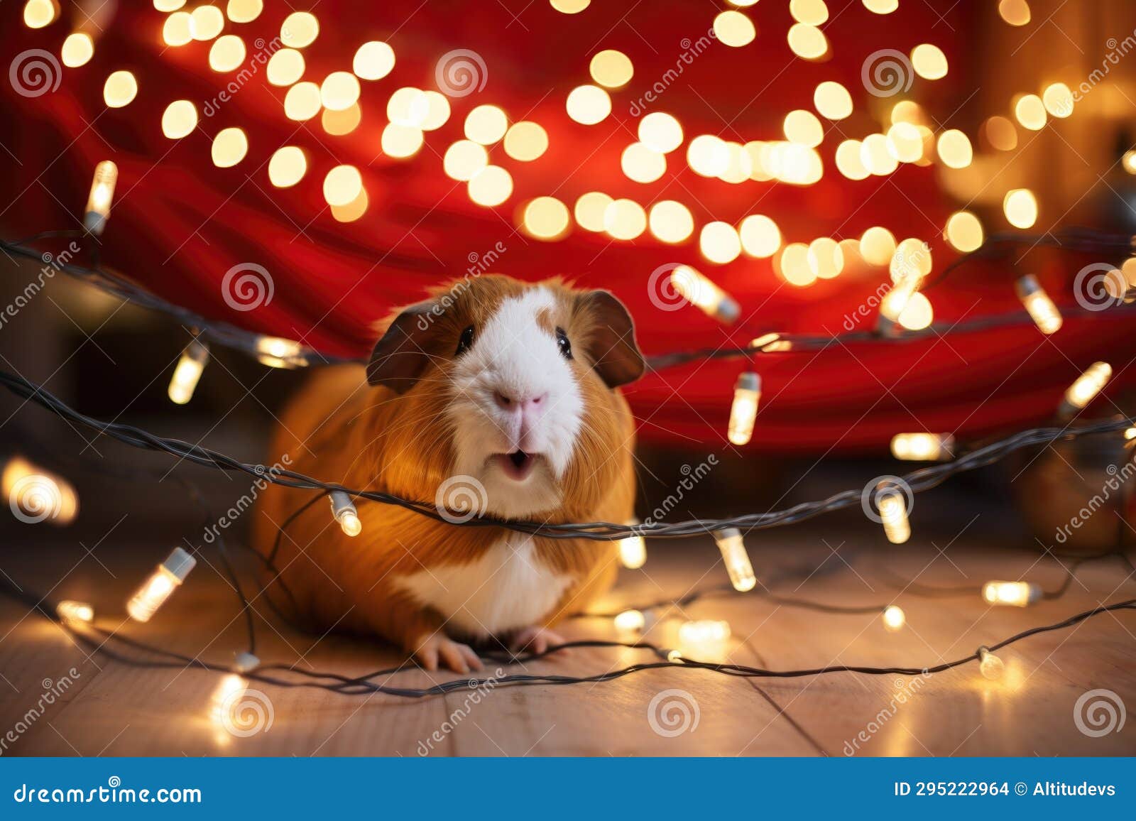 Guinea Pig in a Cozy Enclosure with Festive String Lights Stock Photo