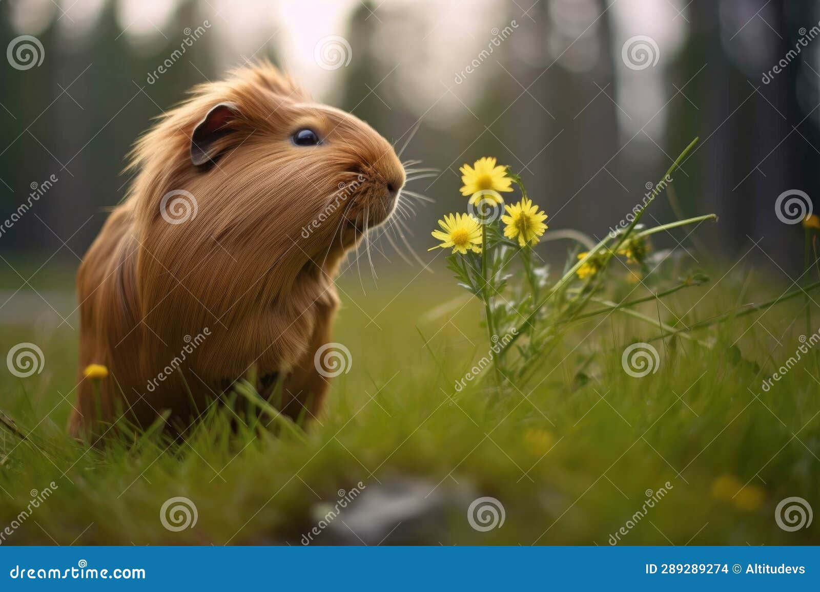 Guinea Pig Leaning Forward To Sniff a Dandelion Stock Photo Image of
