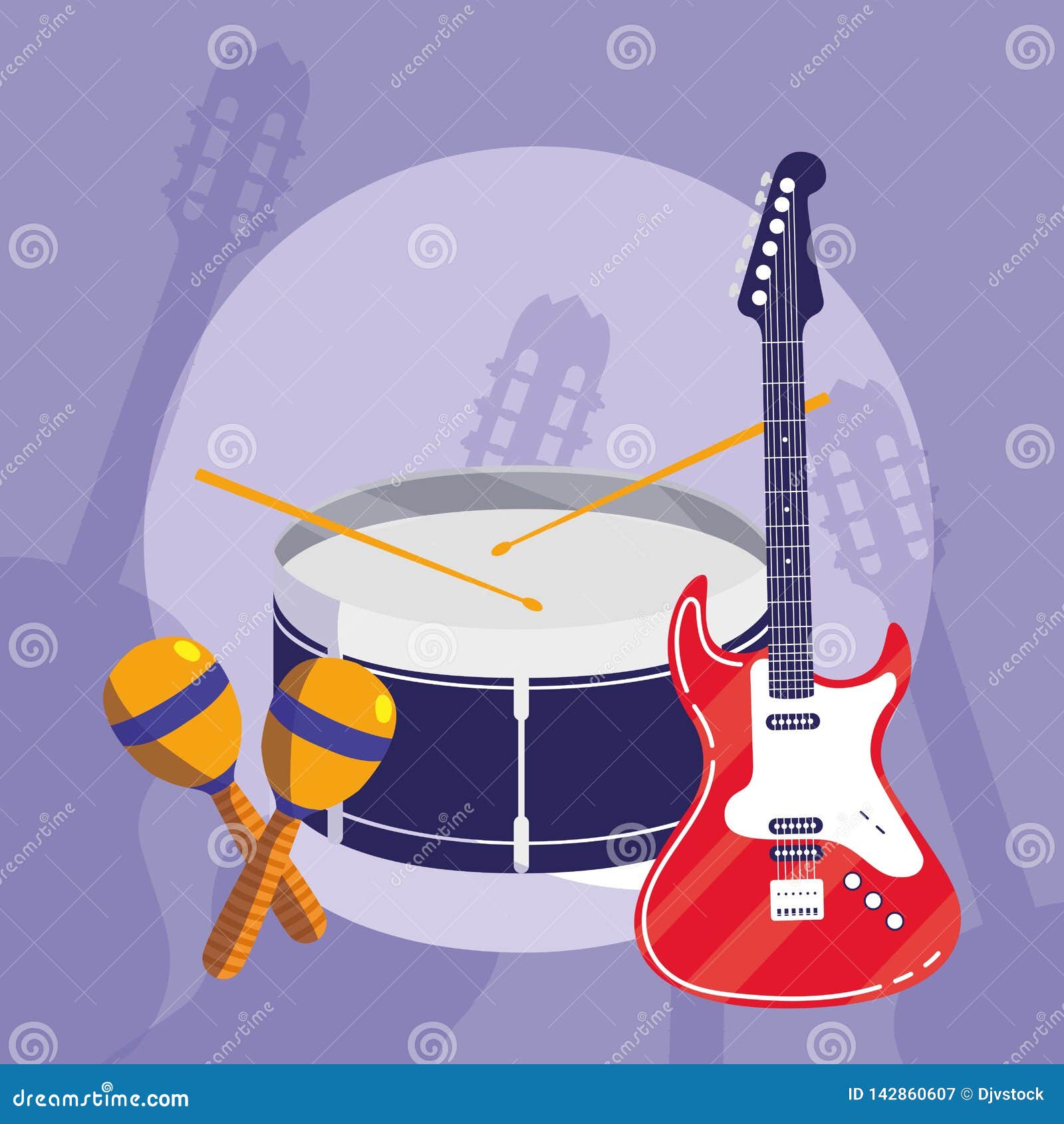 Guitar Electric and Drum Instruments Musical Stock Vector