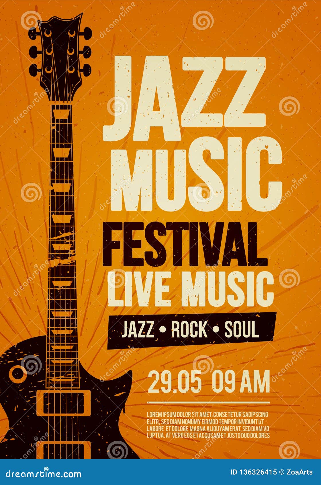   poster flyer  template for rock jazz festival live music event with guitar in retro style on red backgro