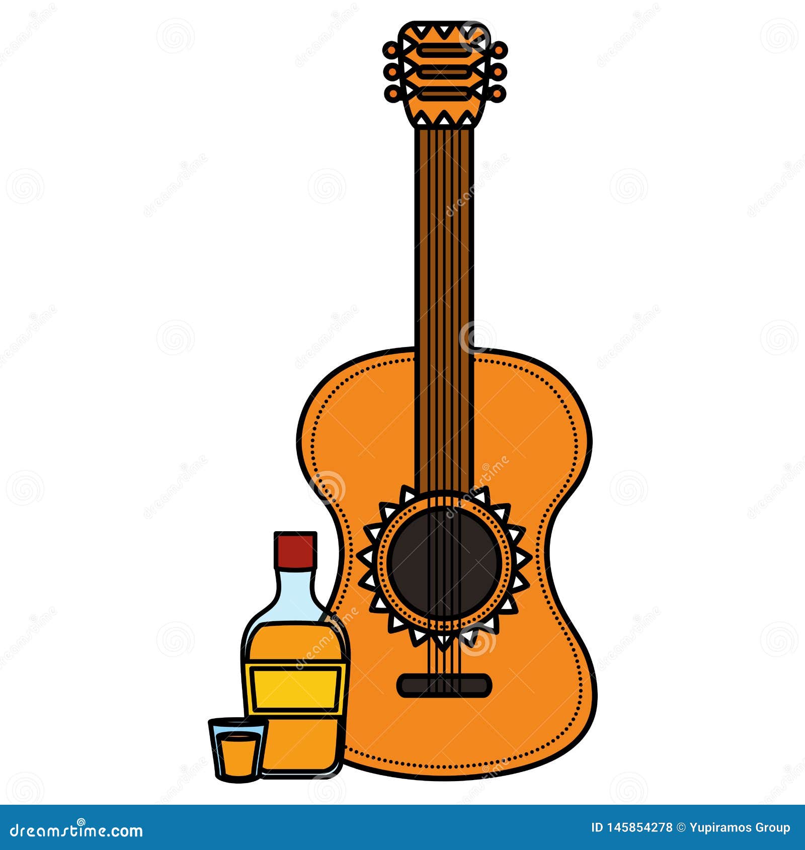 Guitar Instrument with Tequila Bottle Stock Vector - Illustration of
