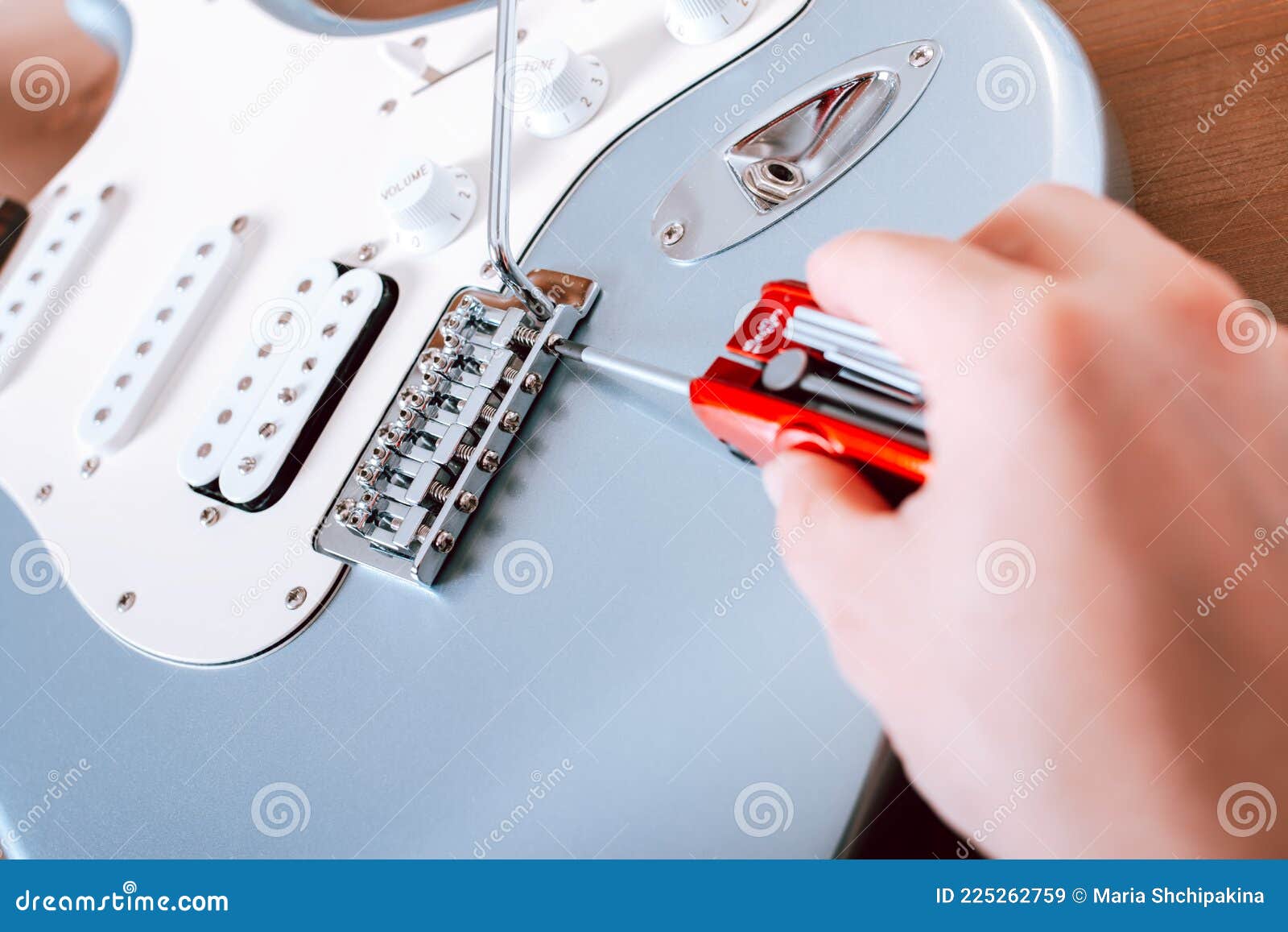 Guitar Master Adjusting Bridge Saddle on Tremolo of Electric Guitar