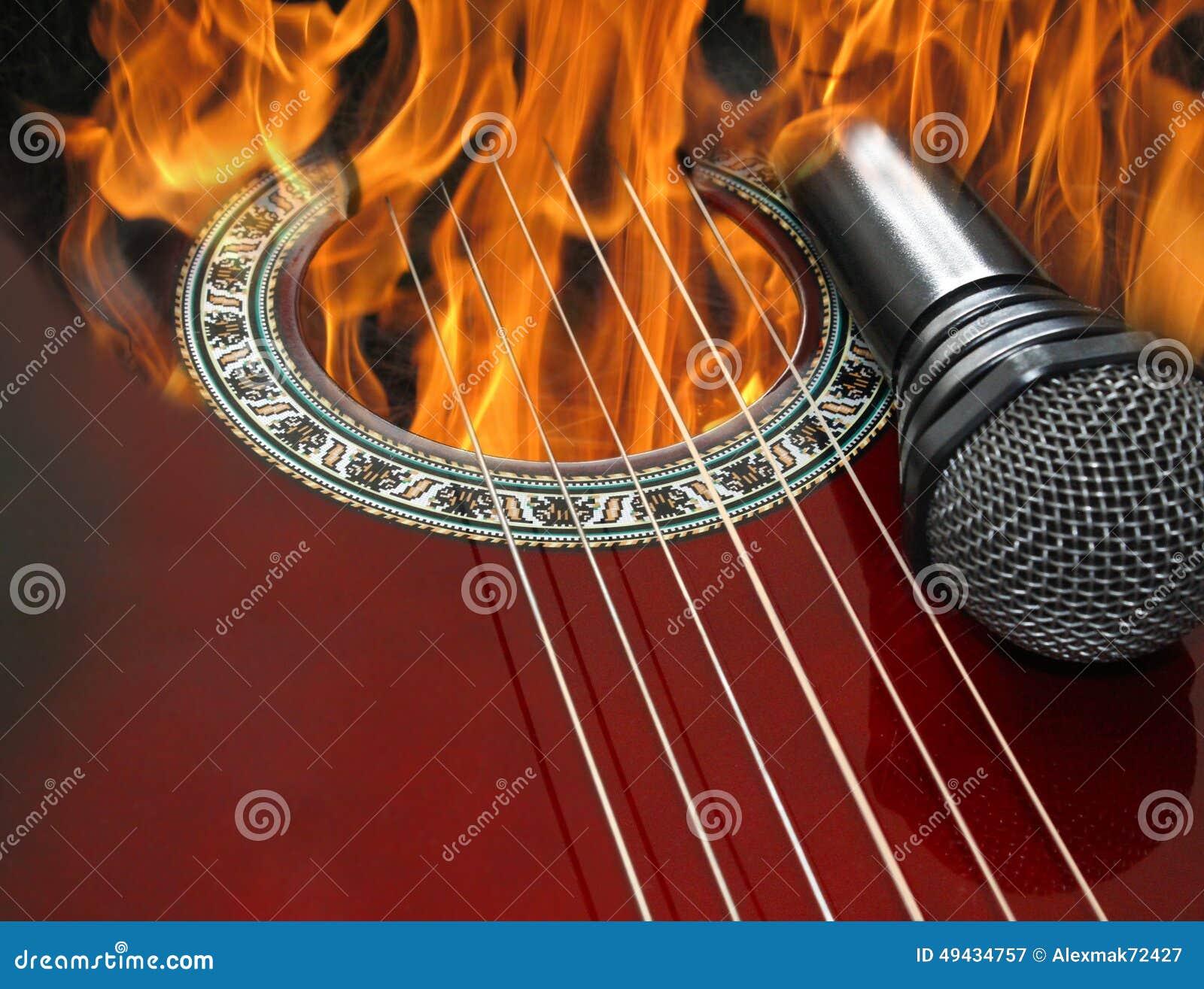 Guitar and Microphone Burning in the Fire Stock Image Image of audio