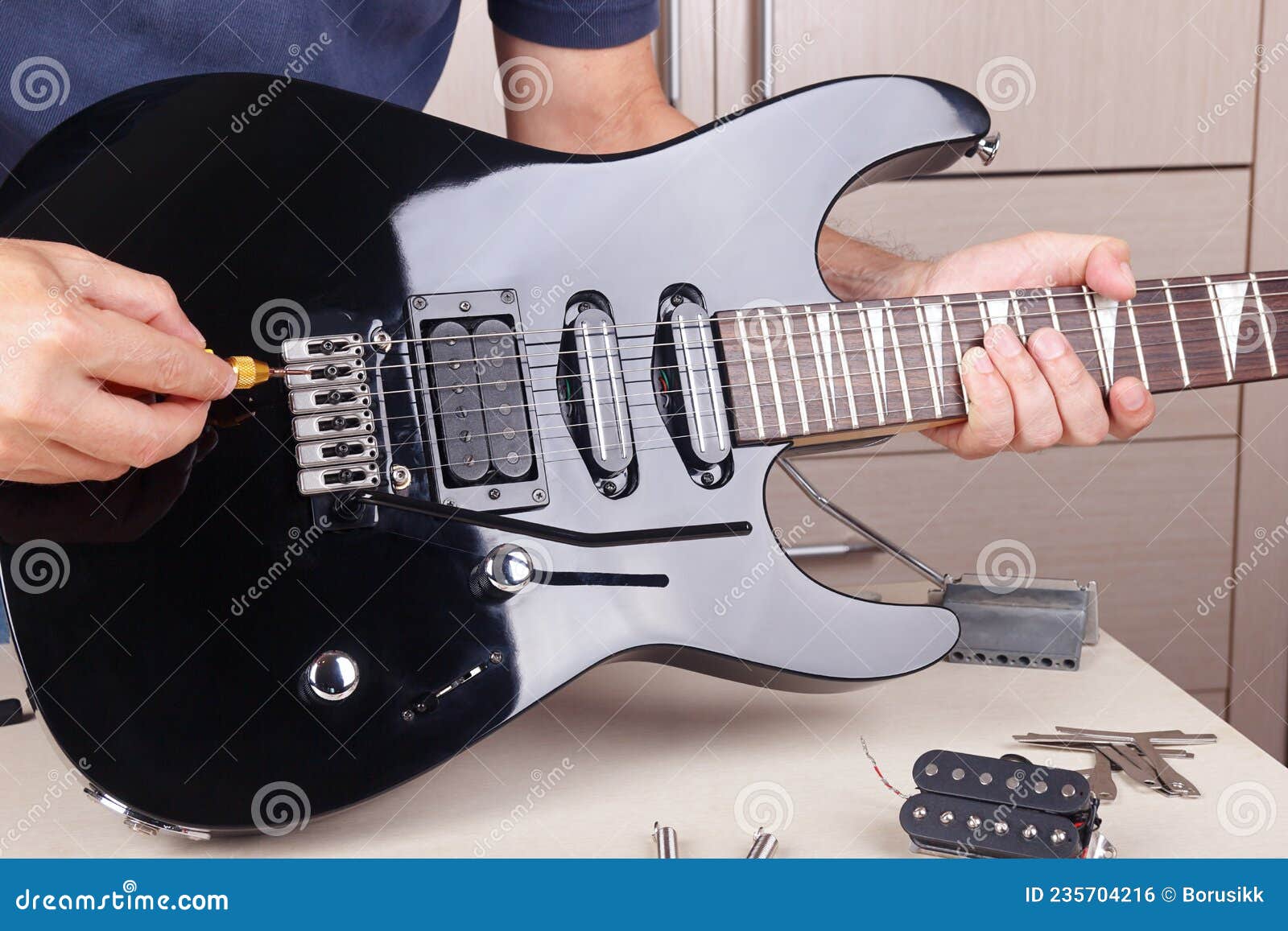 Guitar Technician Adjusts Scale on Modern Electric Guitar Stock Photo Image of maker, craft