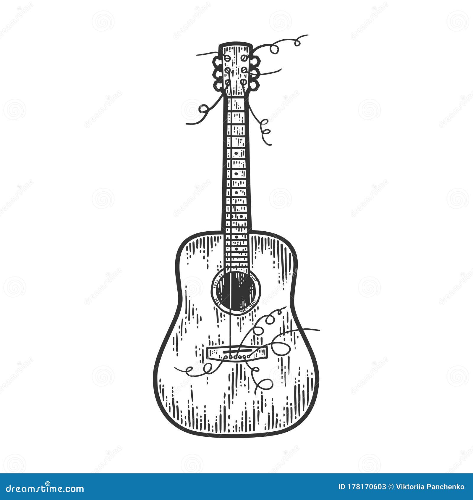 Guitar with Torn Strings. Sketch Scratch Board Imitation. Engraving