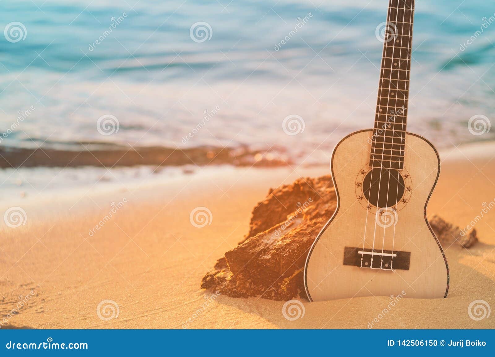 Ukulele Sand Beach with Clear Water and Blue Travel and Lifestyle Concept. Stock Photo - of relaxation, happy: 142506150