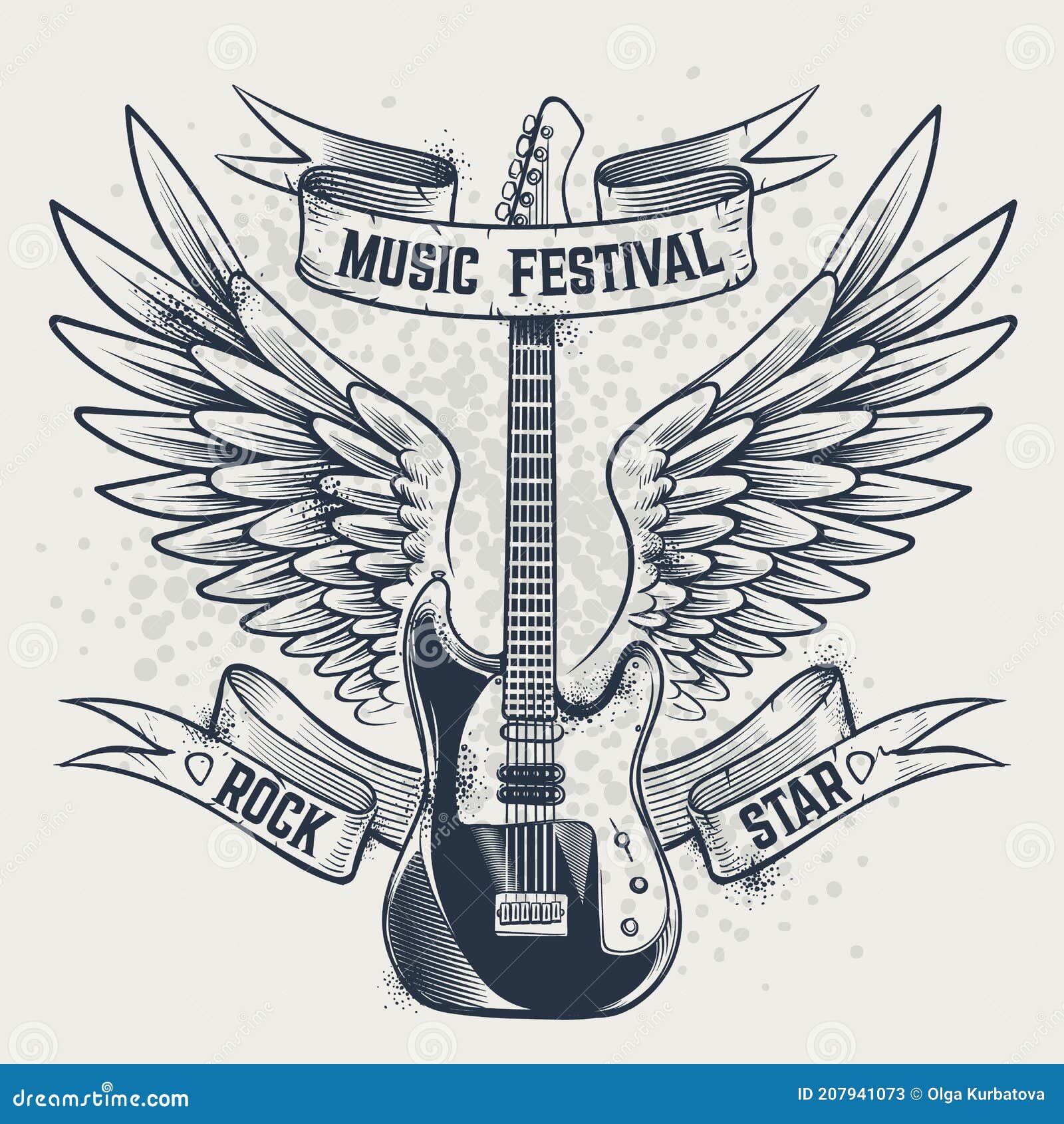 RocknRoll Music Style, Guitar with Wings Sketch Stock Vector by