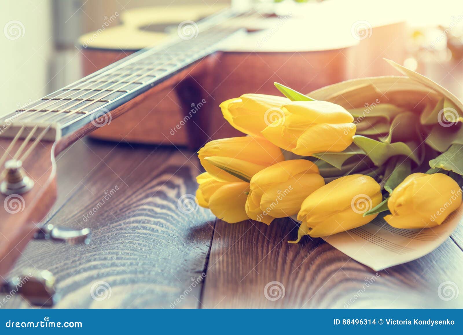 Guitar, Yellow Tulips, Musical Page Stock Photo - Image of postcard, green:  88496314