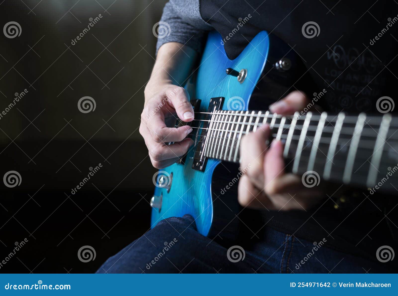 Guitarist Man Playing Guitar, Practicing Electric Guitar Stock Photo