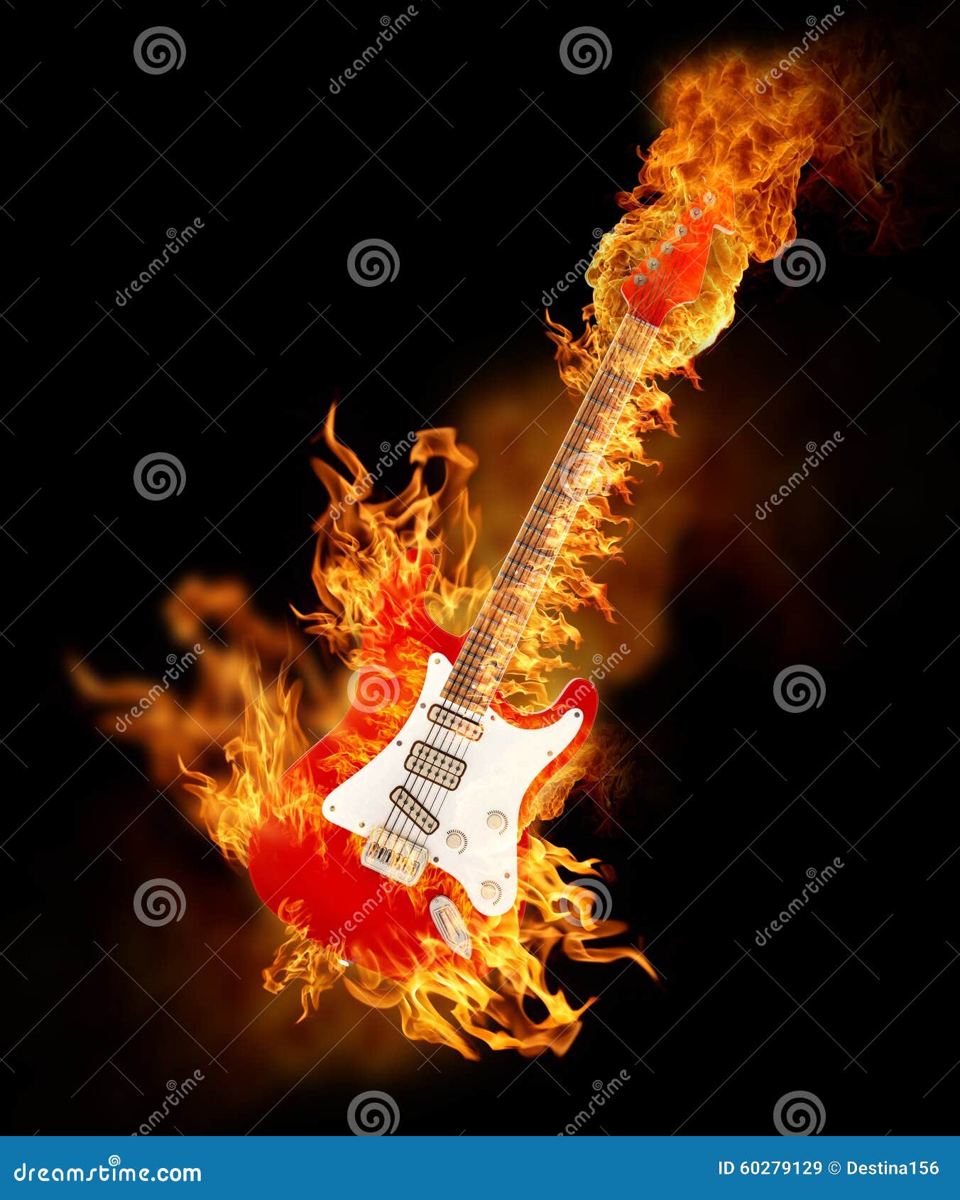 Guitarra eléctrica en el fuego. Guitarra eléctrica ardiente en fondo negro