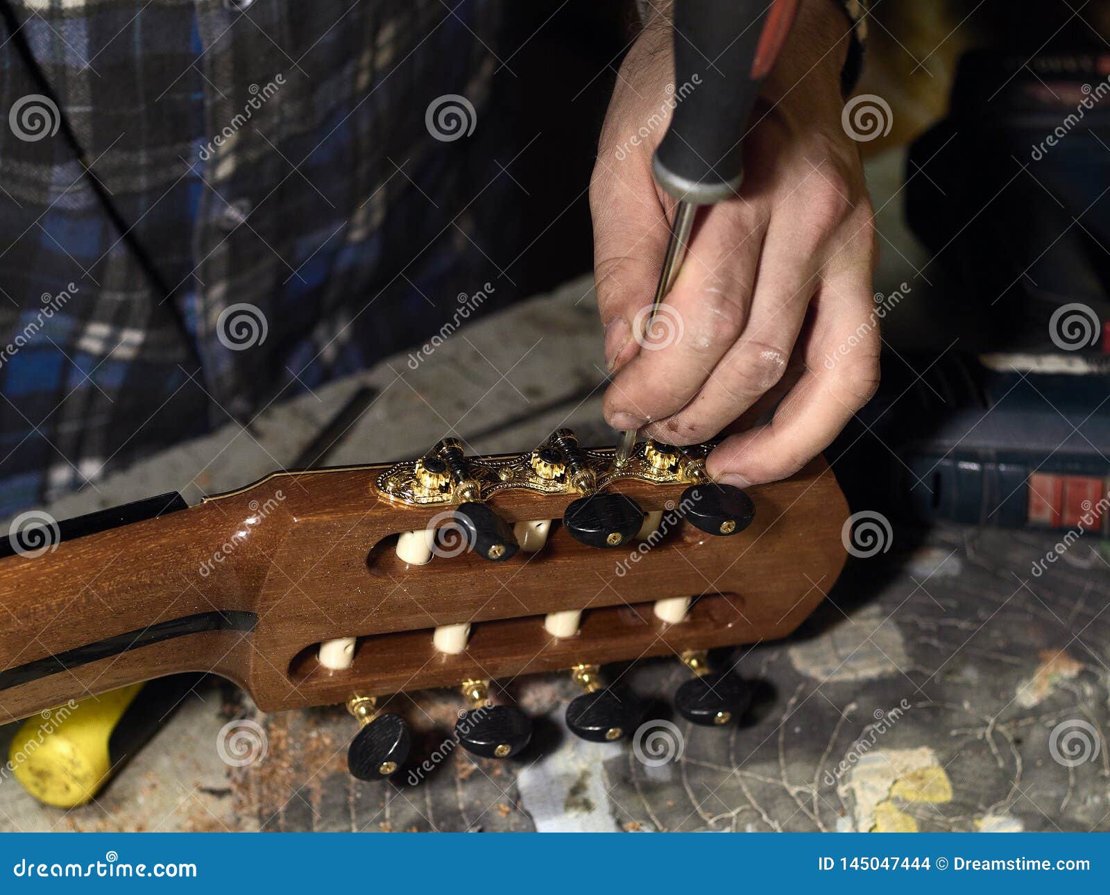 Guitars Luthiers Installs Machine Heads. Stock Photo Image of head