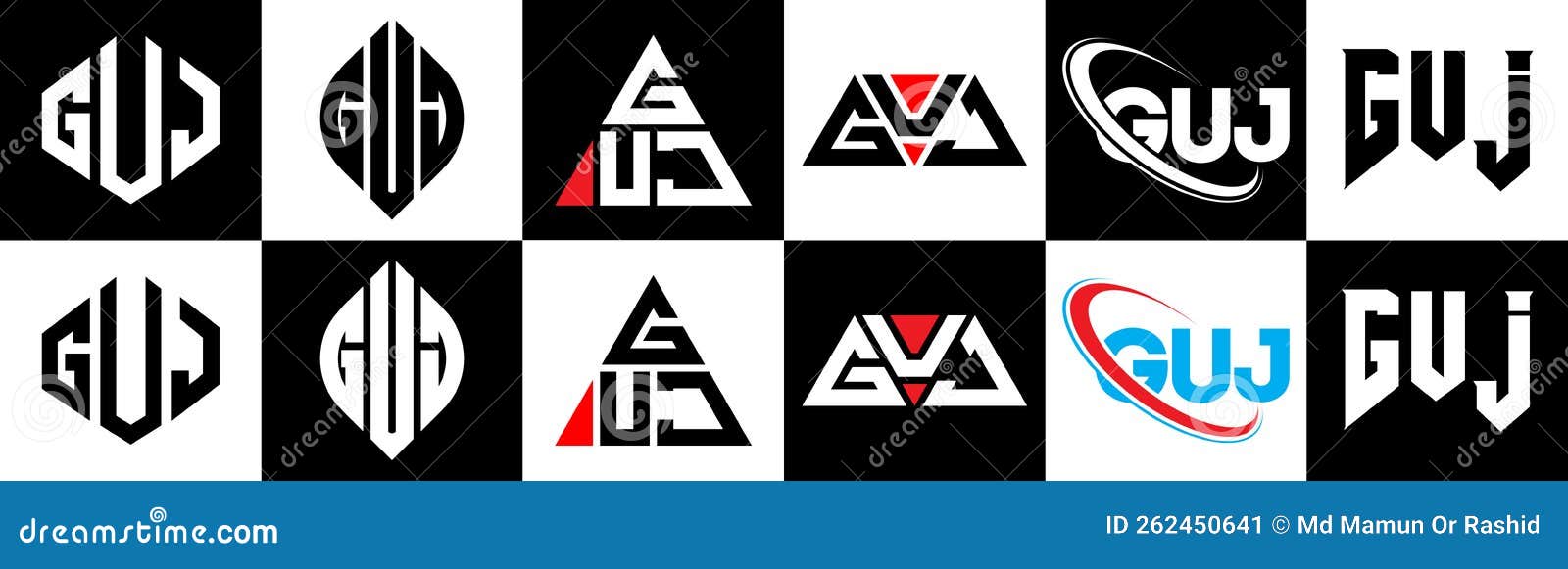 guj letter logo  in six style. guj polygon, circle, triangle, hexagon, flat and simple style with black and white color