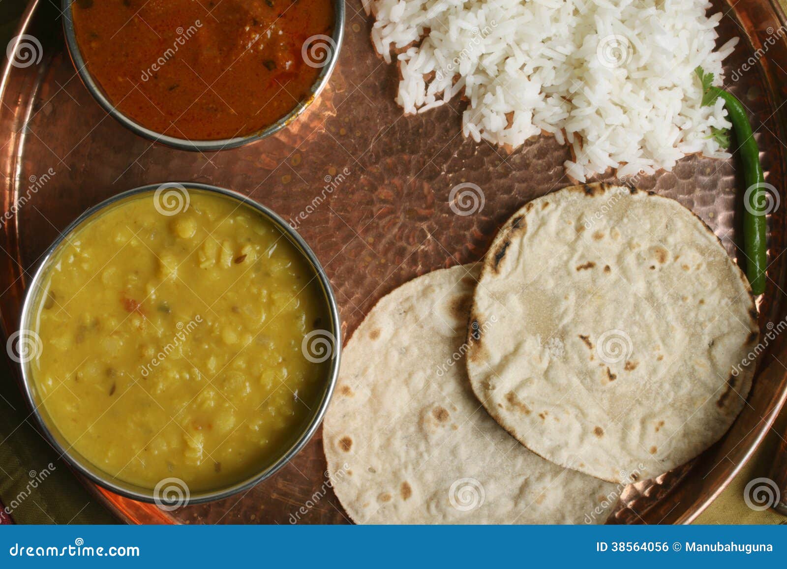 Gujarati Tuvar Dal Dish with Rice and Roti Stock Photo - Image of