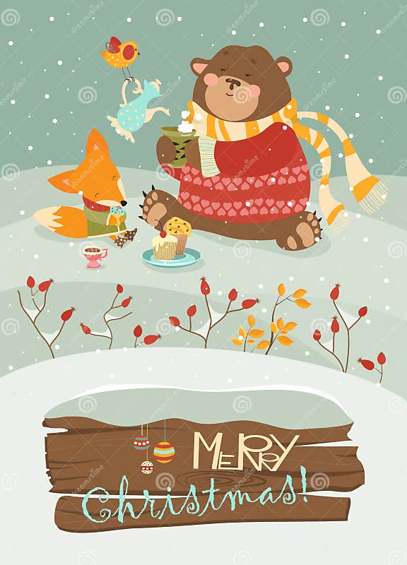 Gullig Björn Och Liten Räv Som Firar Jul Vektor Illustrationer