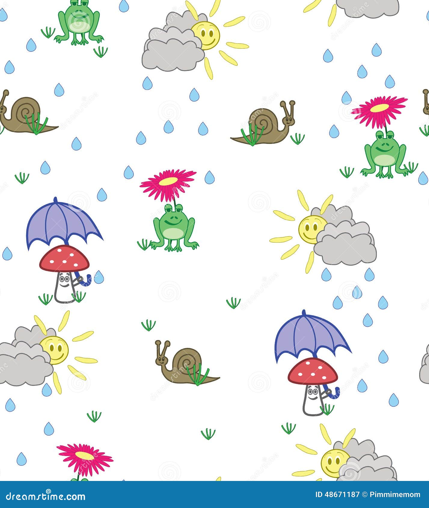 Gullig tecknad filmstilbakgrund av grodor, sniglar och champinjoner i solsken och regn