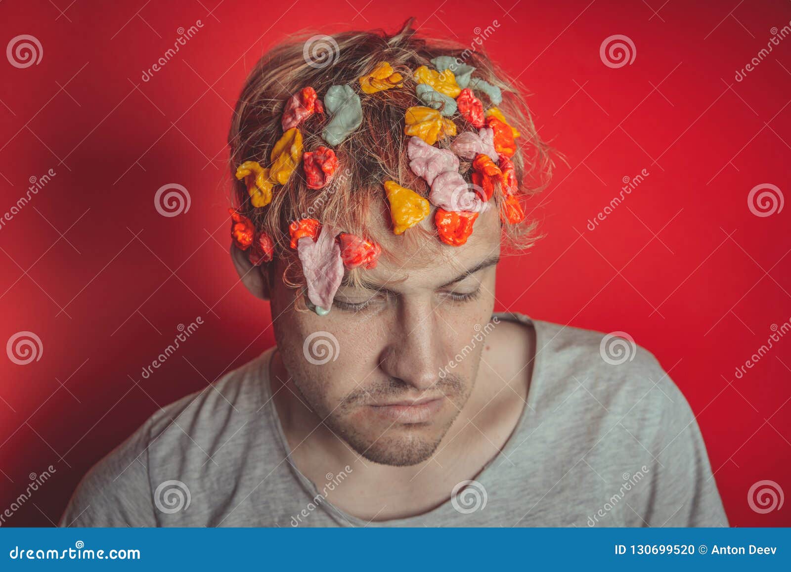 Gum in His Head. Portrait of Man with Chewing Gum in His Head. Man with Hair Covered in Food Stock Photo - Image of learn, blowing: 130699520 Gum in His Head. Portrait of Man with Chewing Gum in His Head. Man with Hair Covered in Food Stock Photo - Image of learn, blowing: 130699520
