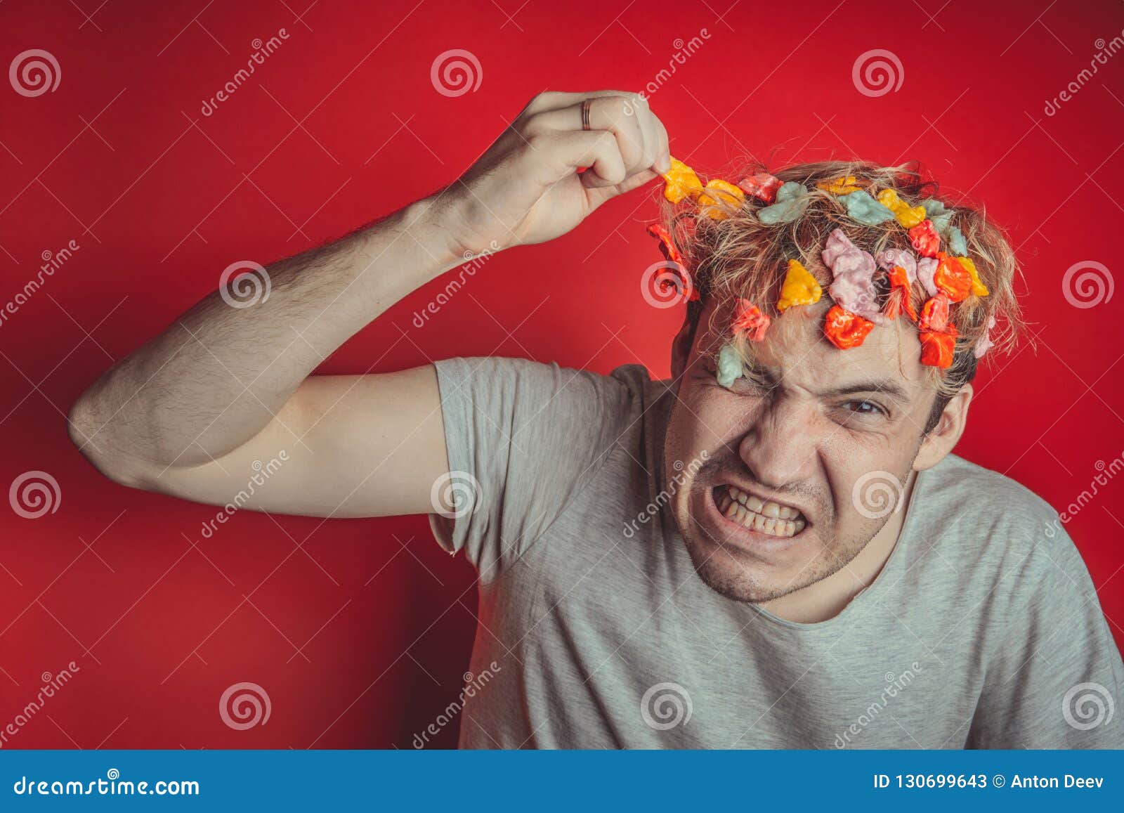 Gum in His Head. Portrait of Man with Chewing Gum in His Head. Man with Hair  Covered in Food Stock Image - Image of crime, experience: 130699643