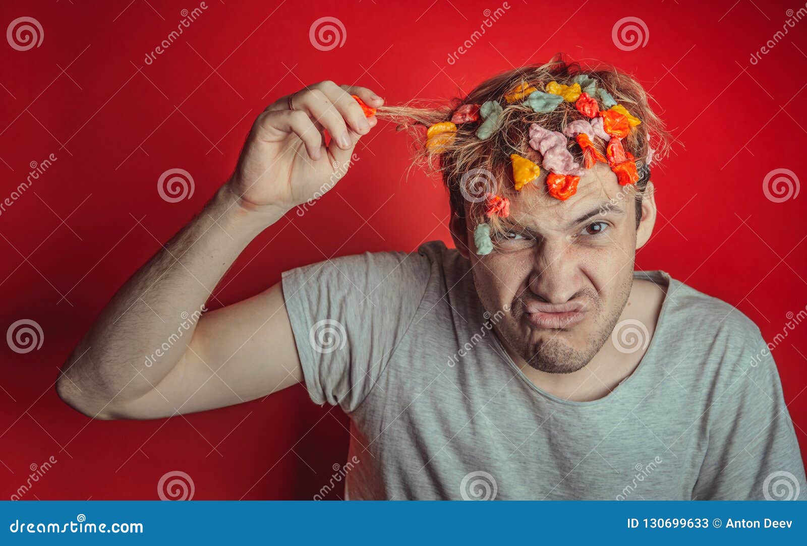 Gum in His Head. Portrait of Man with Chewing Gum in His Head. Man with Hair  Covered in Food Stock Image - Image of accident, food: 130699633