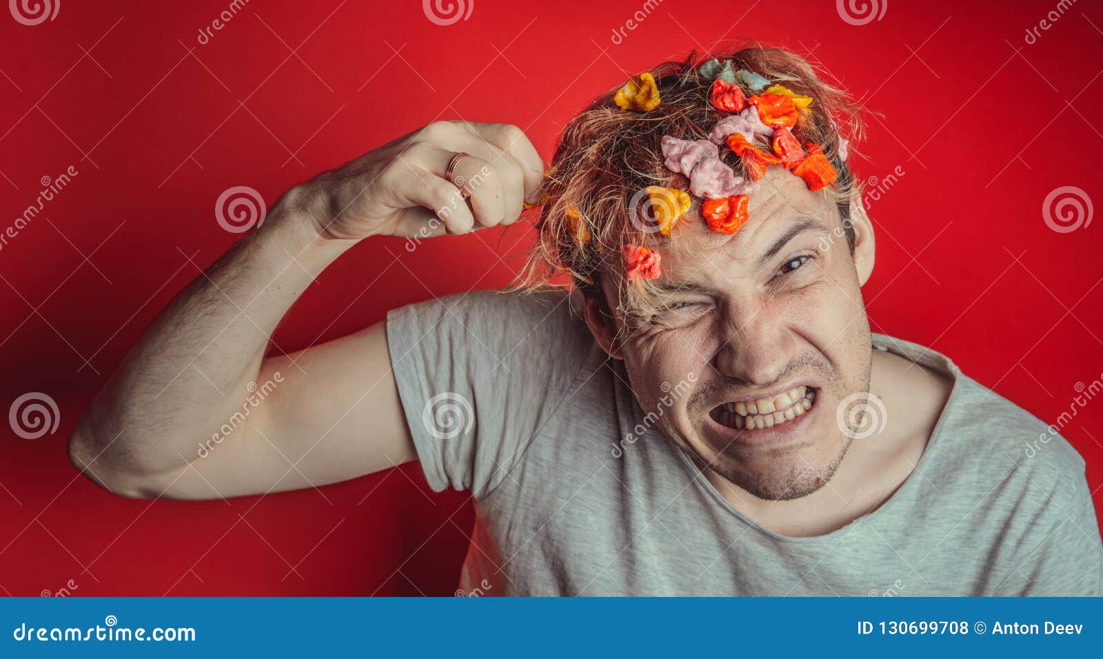 Gum in His Head. Portrait of Man with Chewing Gum in His Head. Man with Hair  Covered in Food Stock Photo - Image of adult, disgusting: 130699708