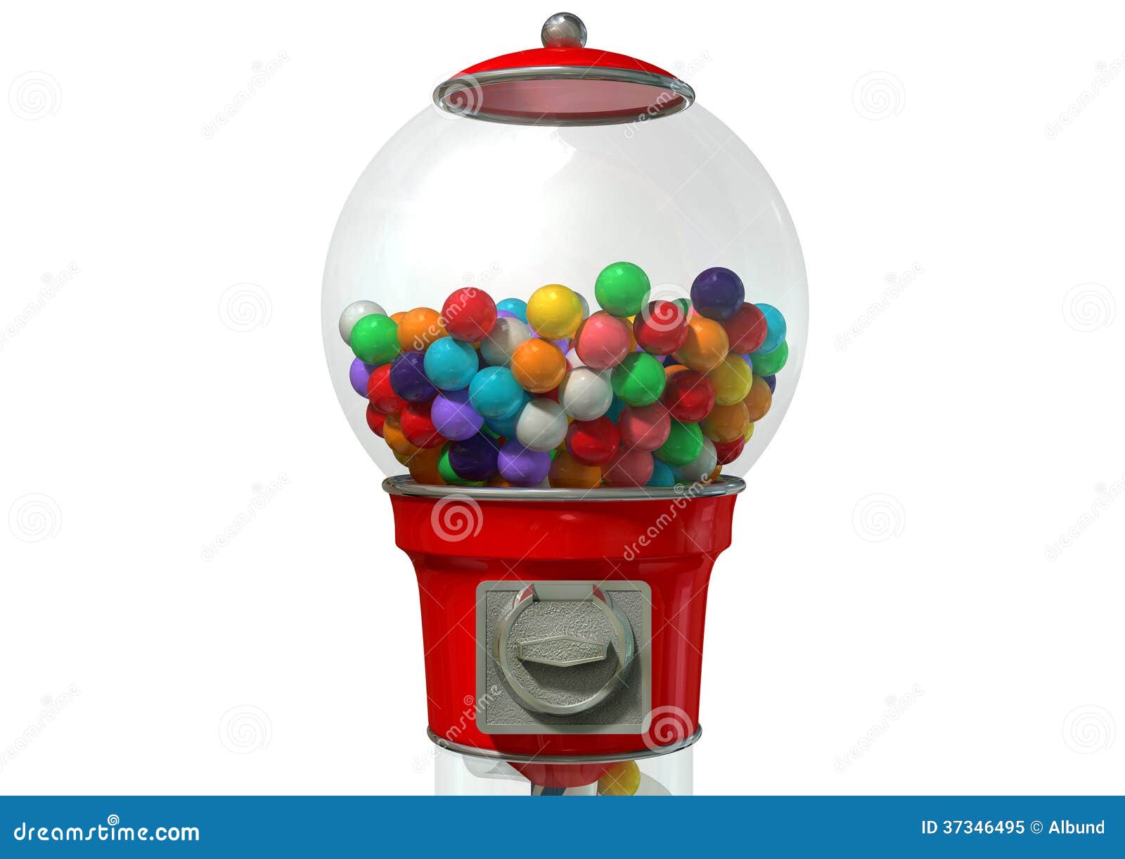 Gumball Dispensing Machine. A regular red vintage gumball dispenser machine made of glass and reflective plastic with chrome trim filled with multicolored gumballs on an white background