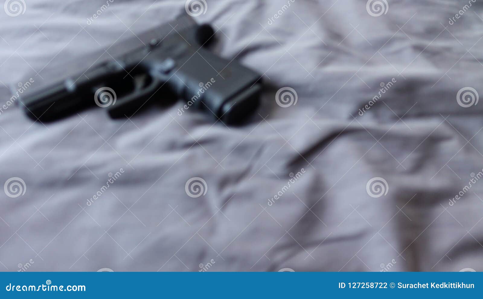 Gun on Bed, Ready To Protect from Another Bad People, B&w Crime Scene