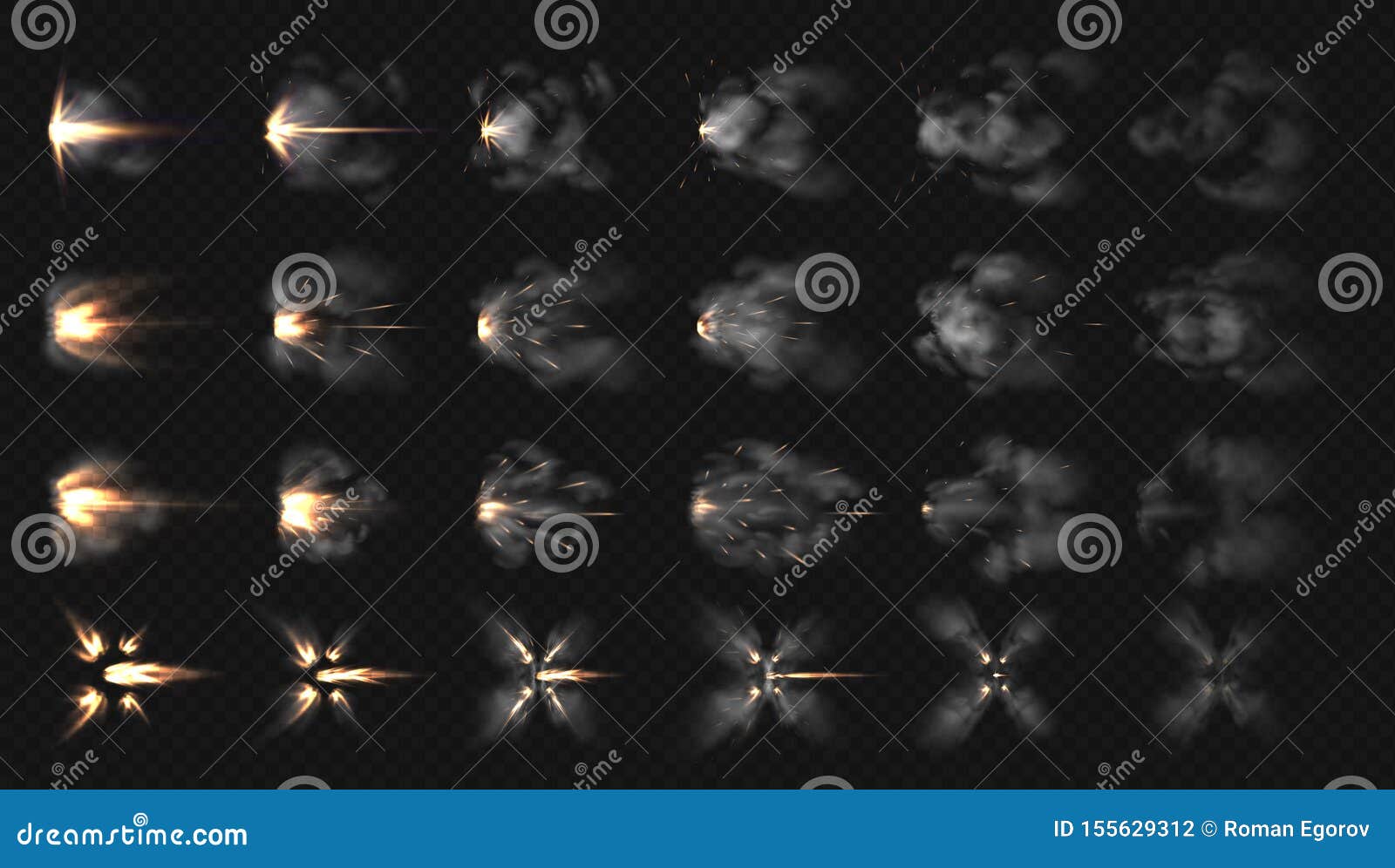 gun flash effects. realistic special effects steps of smoke clouds and shotgun fire, muzzle flash and explode. 