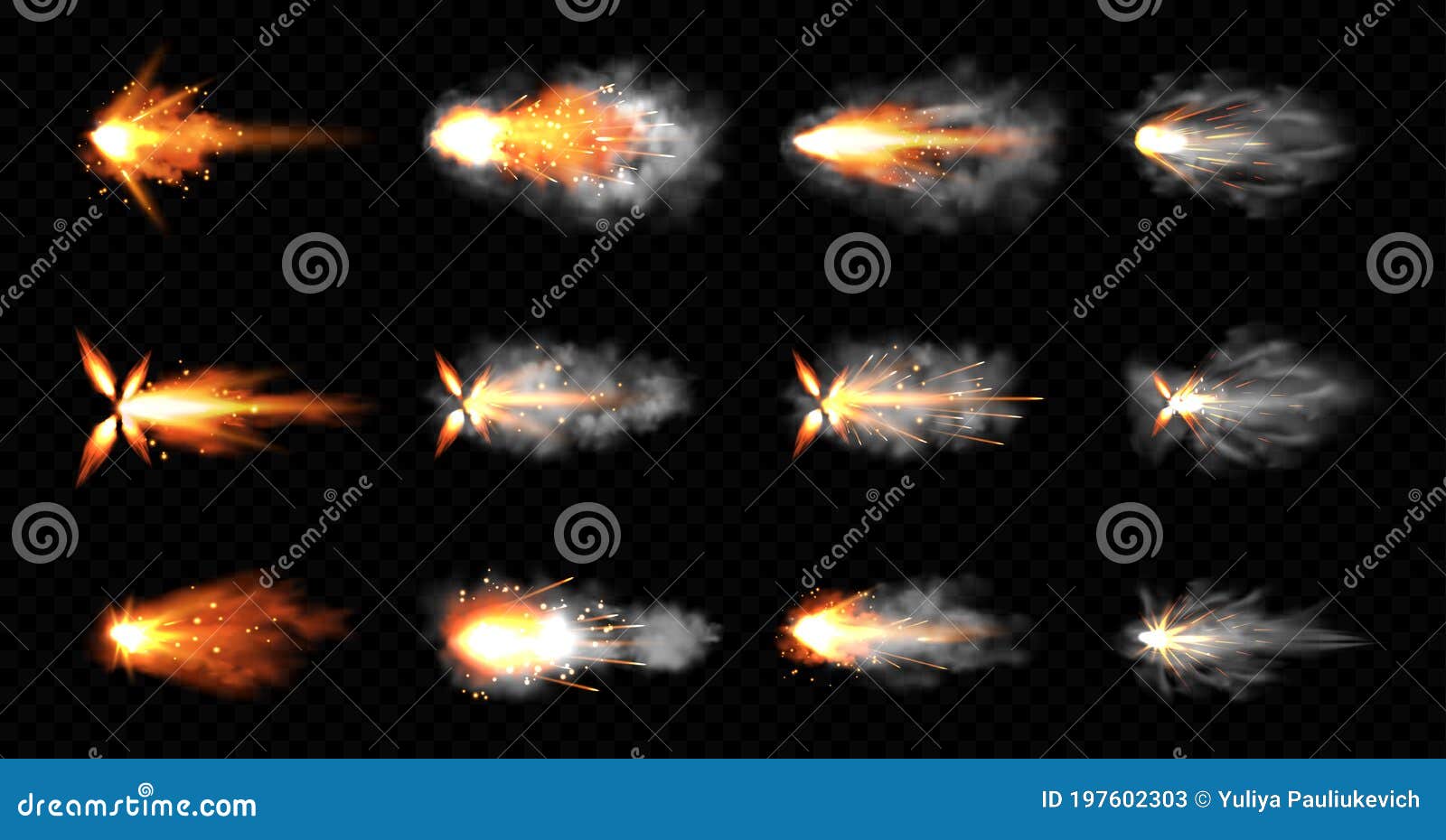 gun flashes with fire and smoke. pistol shots set