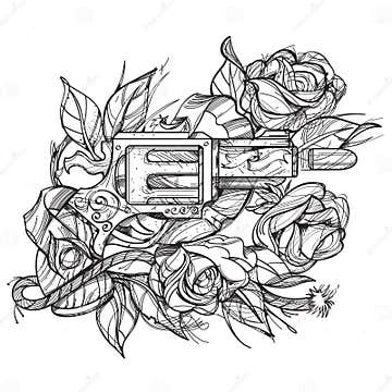 Gun and Roses Tattoo Hand Drawing Style. Picture for Coloring Stock ...