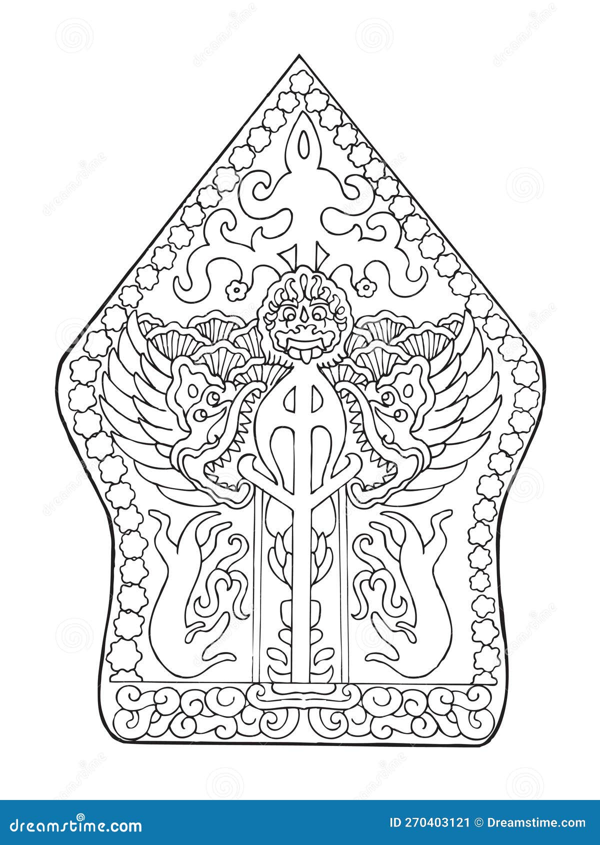 gunungan of javanese wayang puppet black white line art 