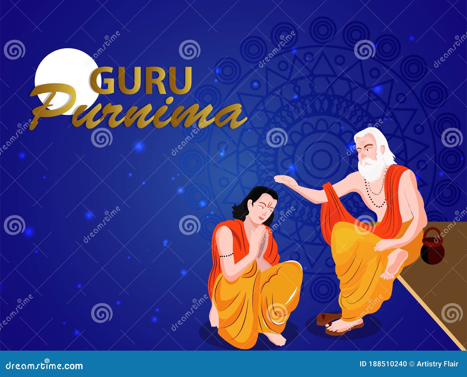 Guru Purnima, Illustration, on Blue Background with Moon Night Stock Vector  - Illustration of male, meditating: 188510240