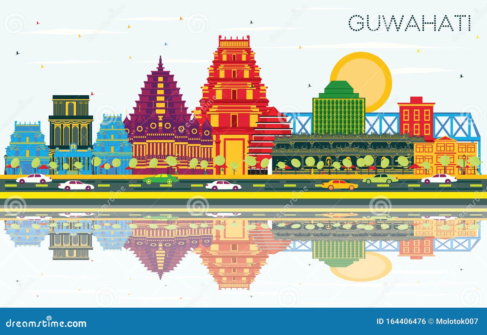 guwahati india city skyline with color buildings, blue sky and reflections