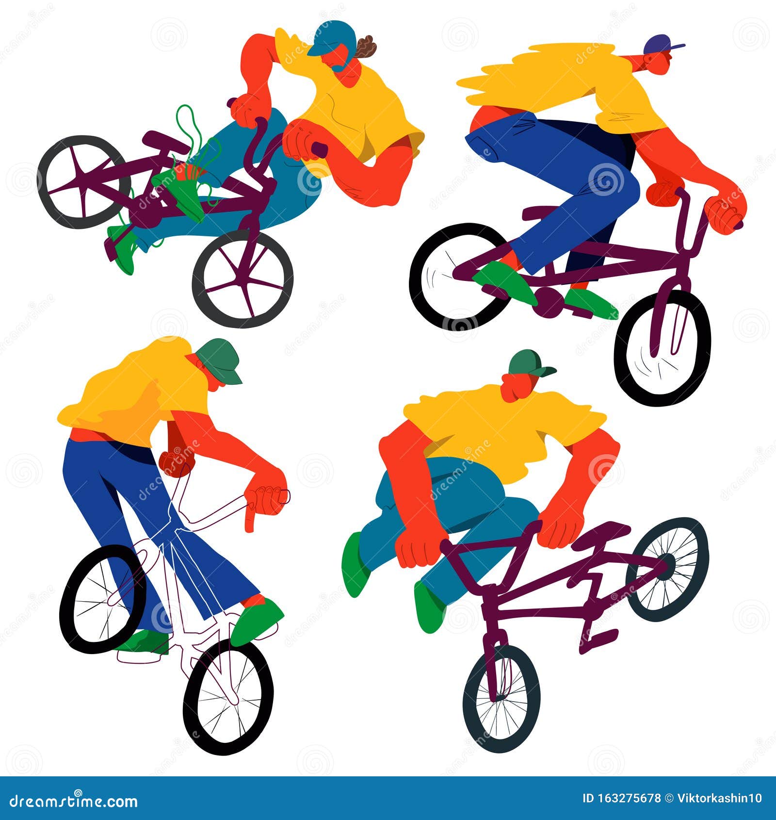 guy on bmx make trick, disproportionate overtone flat   set,  overexaggerated bicyclist on white