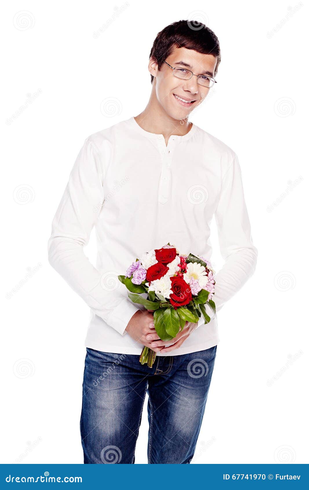 Guy with Bouquet of Flowers Stock Photo - Image of geeks, celebration ...