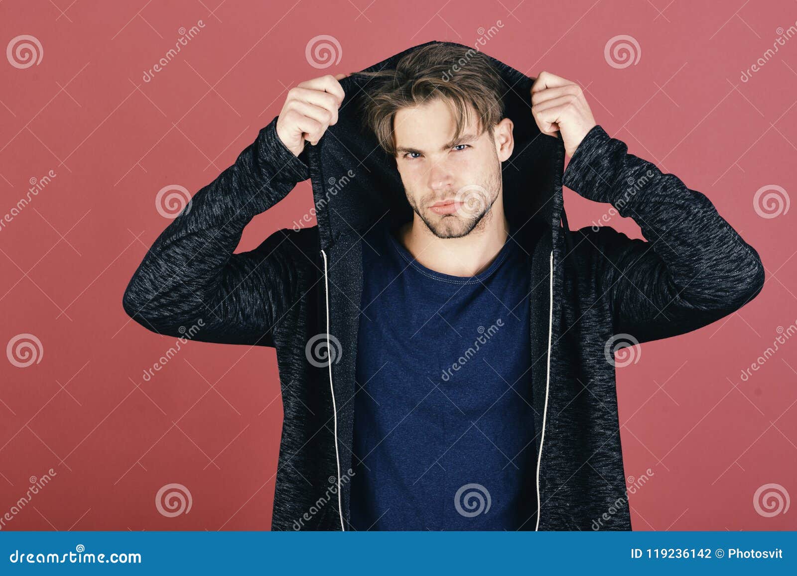 Guy With Bristle In Dark Blue Tshirt And Grey Hoodie Man