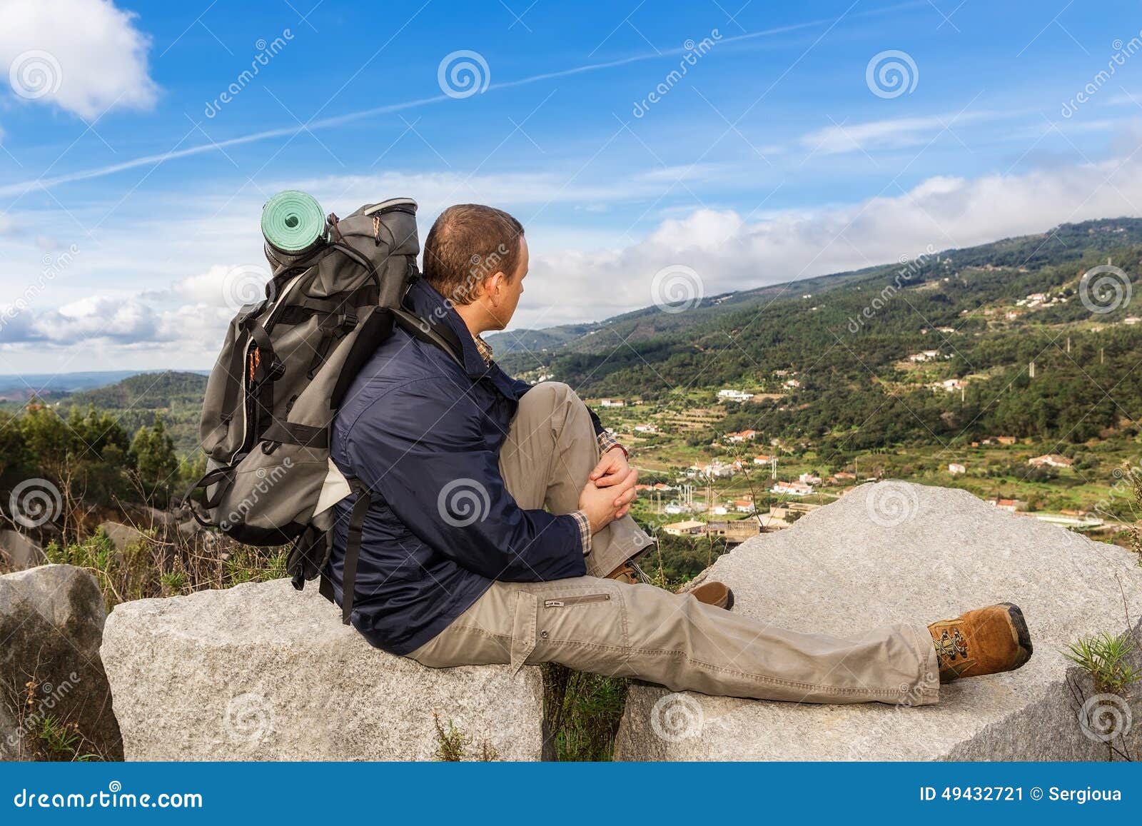 Guy in the Campaign with a Backpack Resting. Stock Image Image of