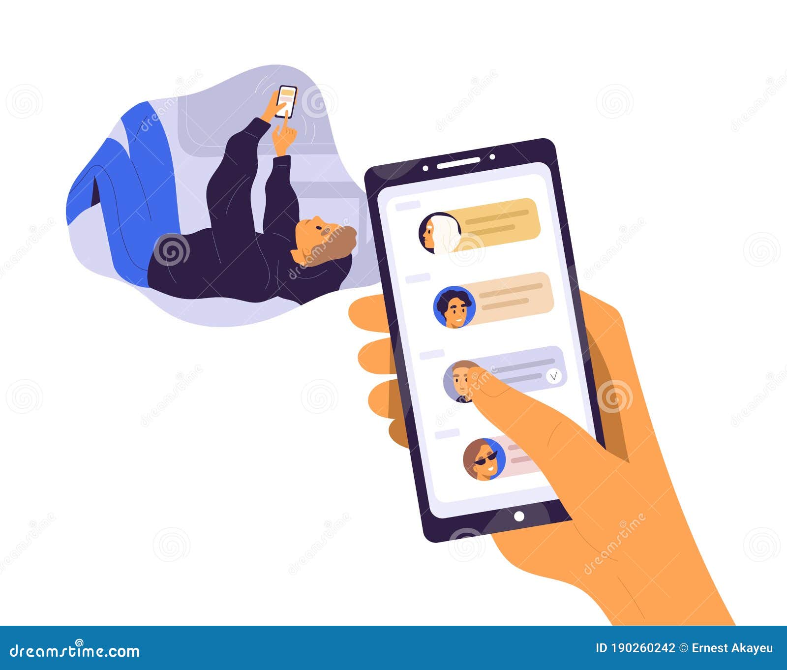 Hand holding smartphone with online chat with friends. mobile chat, social  network, instant messaging sms vector concept Stock Vector