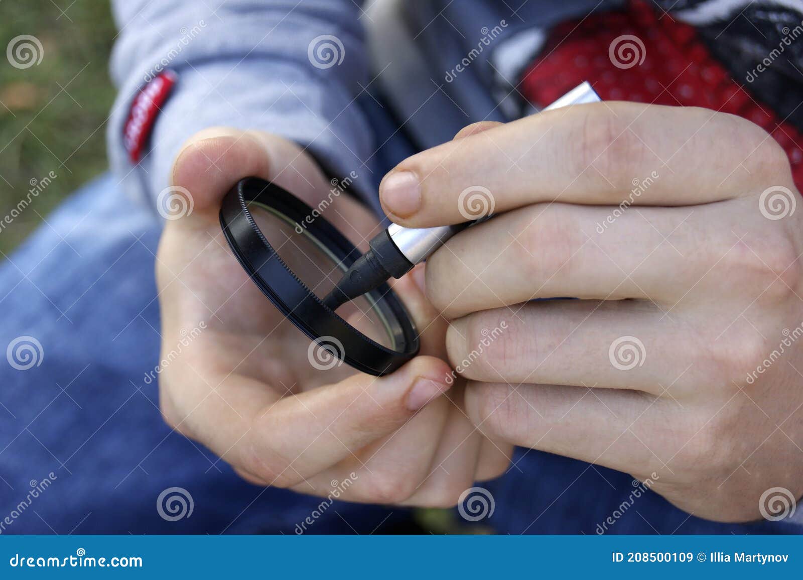 Guy is Cleaning the Filter on the Camera Stock Image Image of finger