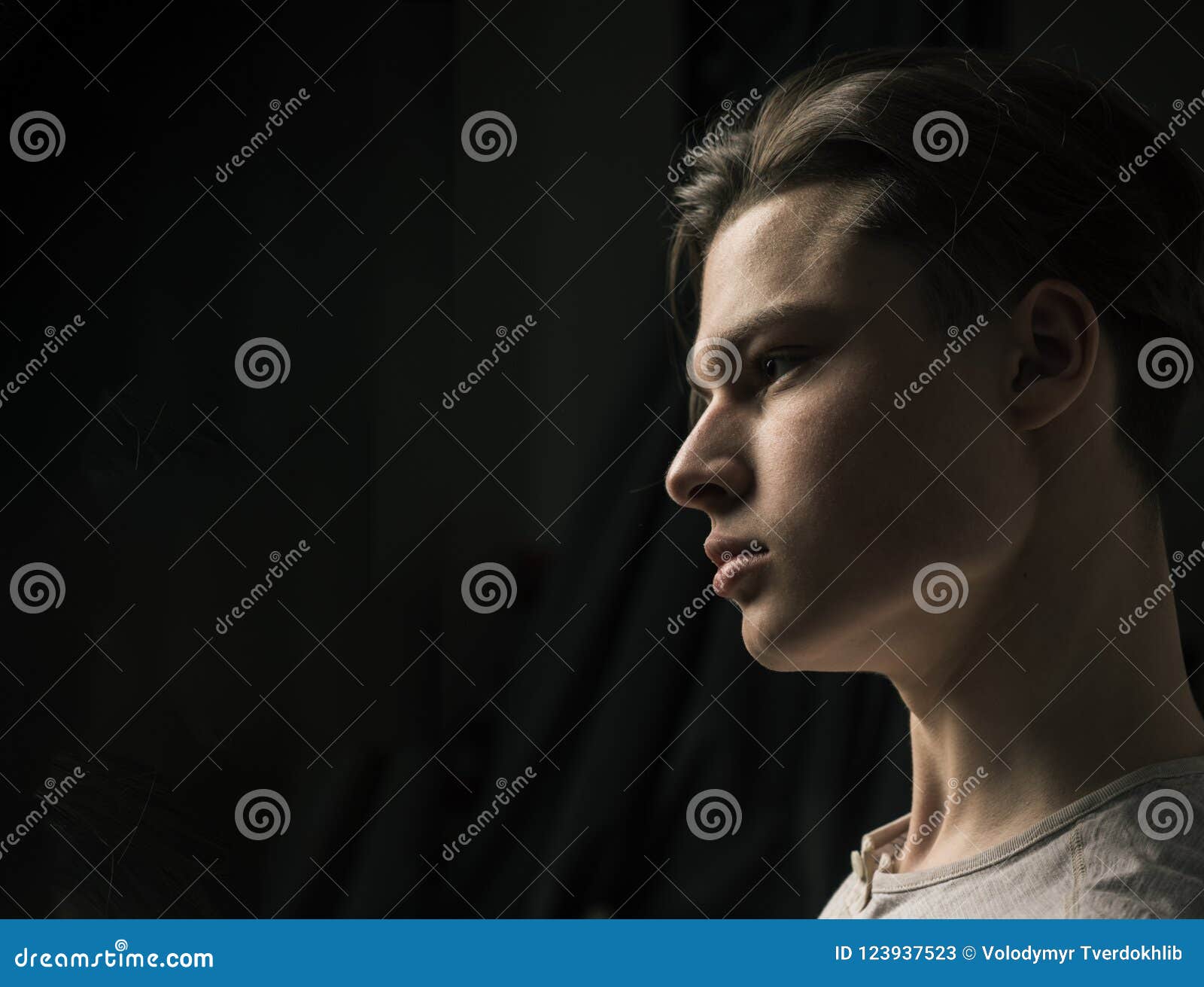 Guy on Confident Face in Light Shirt, Black Background. Macho with ...