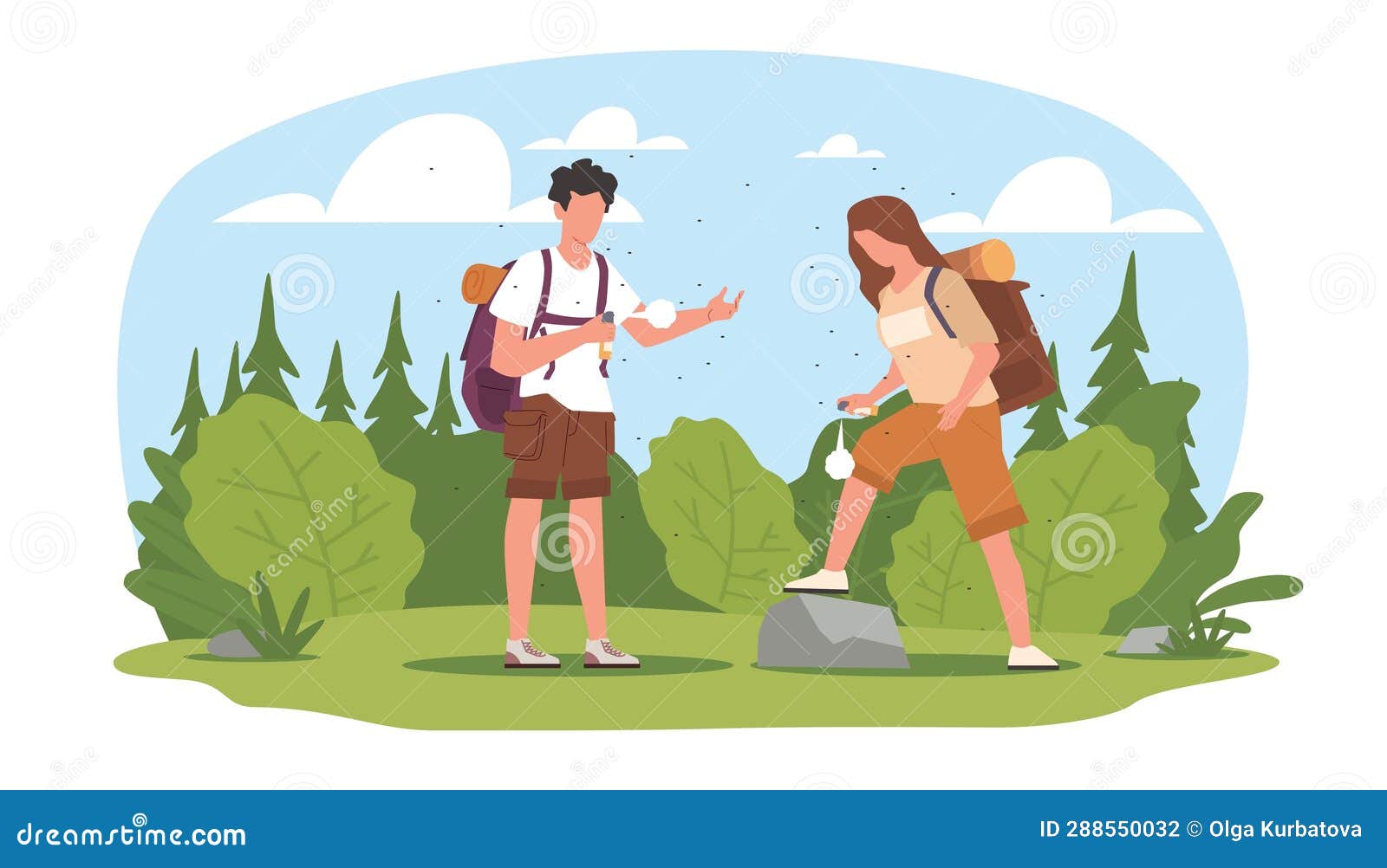 guy and girl apply anti malarial mosquito bite spray while camping in wilderness. man and woman in forest using insect