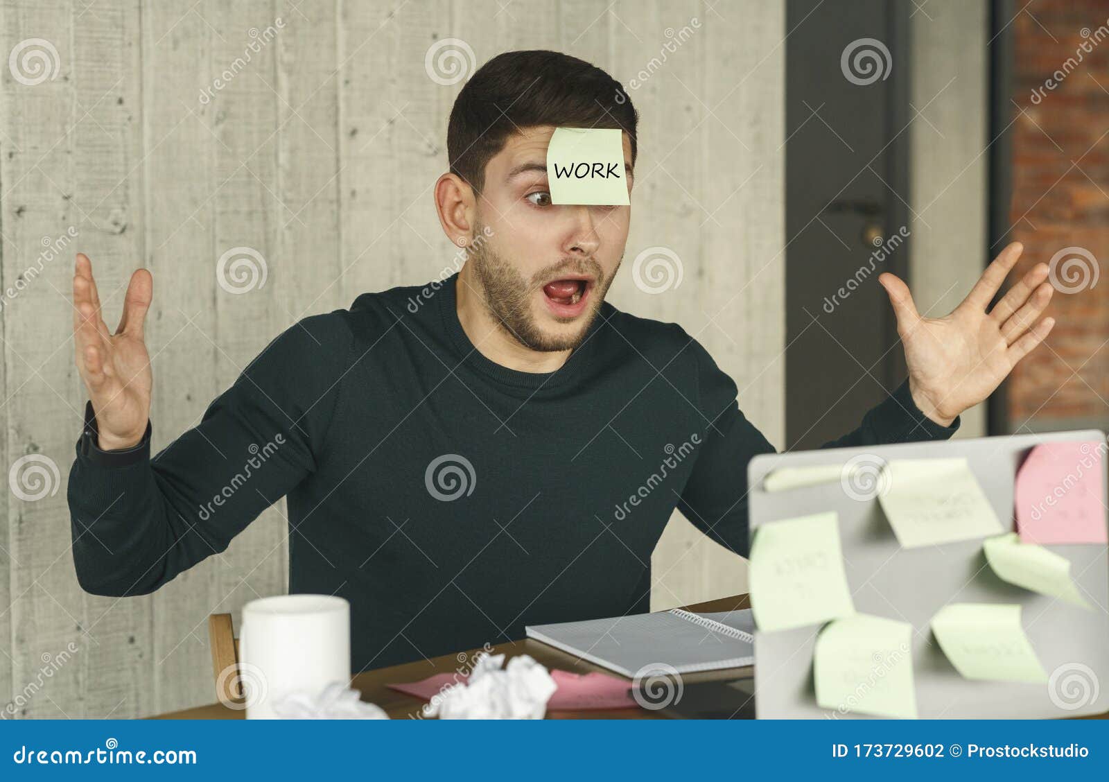 Guy Having Sticky Notes On Laptop And Face Sitting Indoor Stock Photo Image Of Office