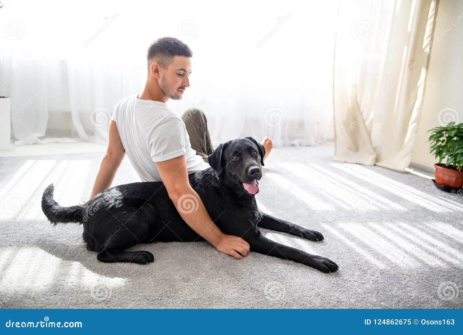 Guy with His Dog Sitting at Home Playing Stock Image Image of love