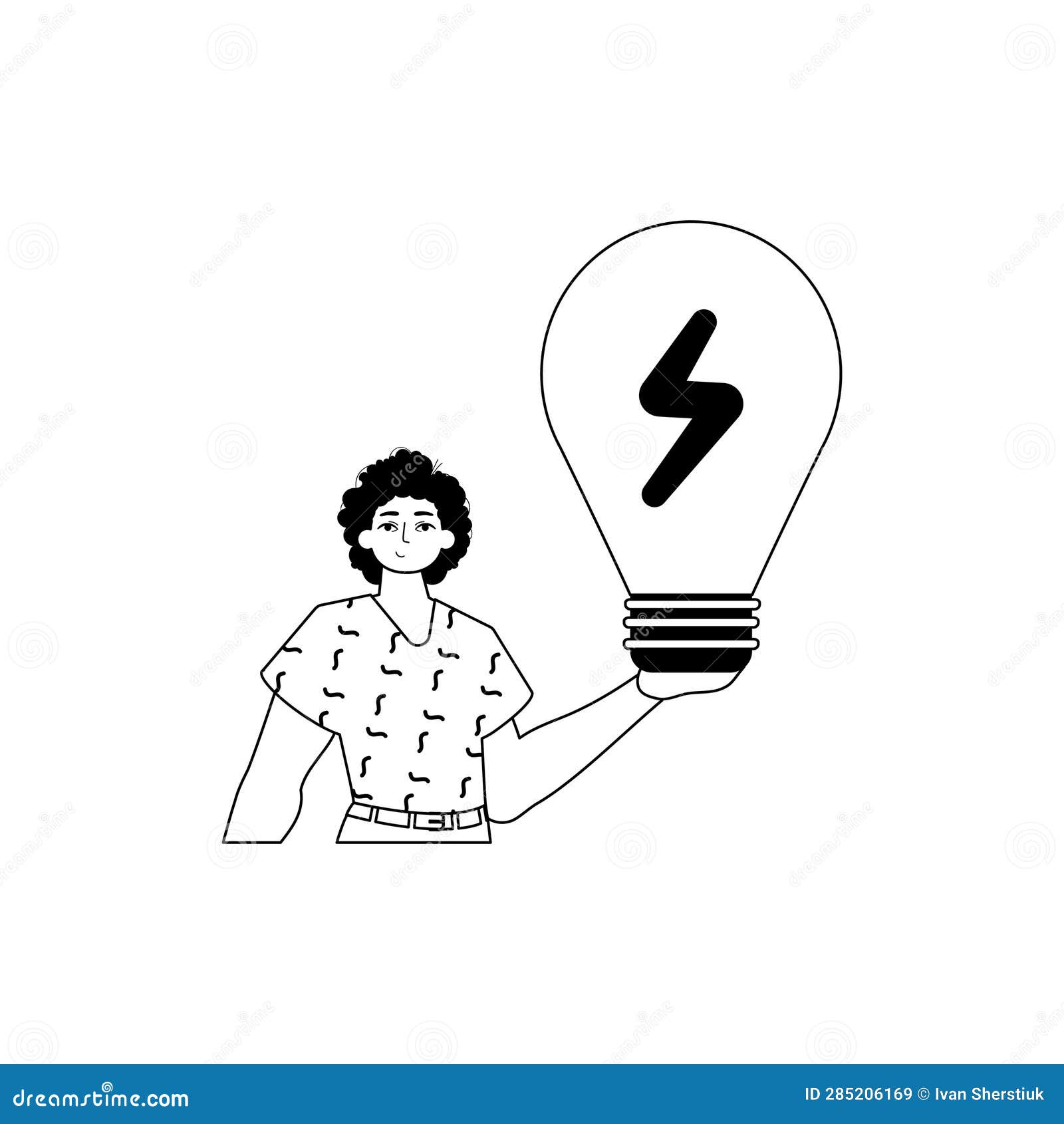 the guy is holding a lightly bulb . estimate concept . bootleg and white linear style. trendy style,  