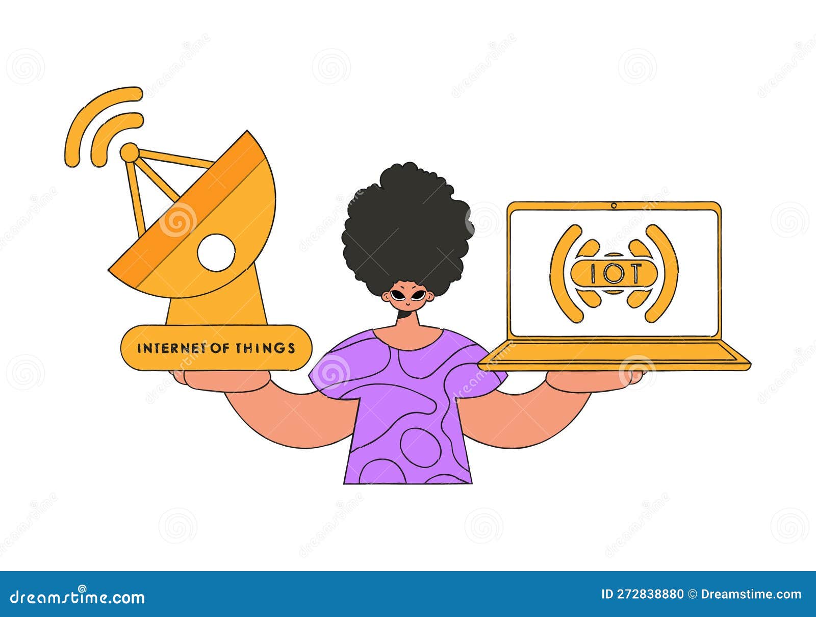 Guy with Laptop and Satellite Dish for Using the of Things. Stock Vector Illustration