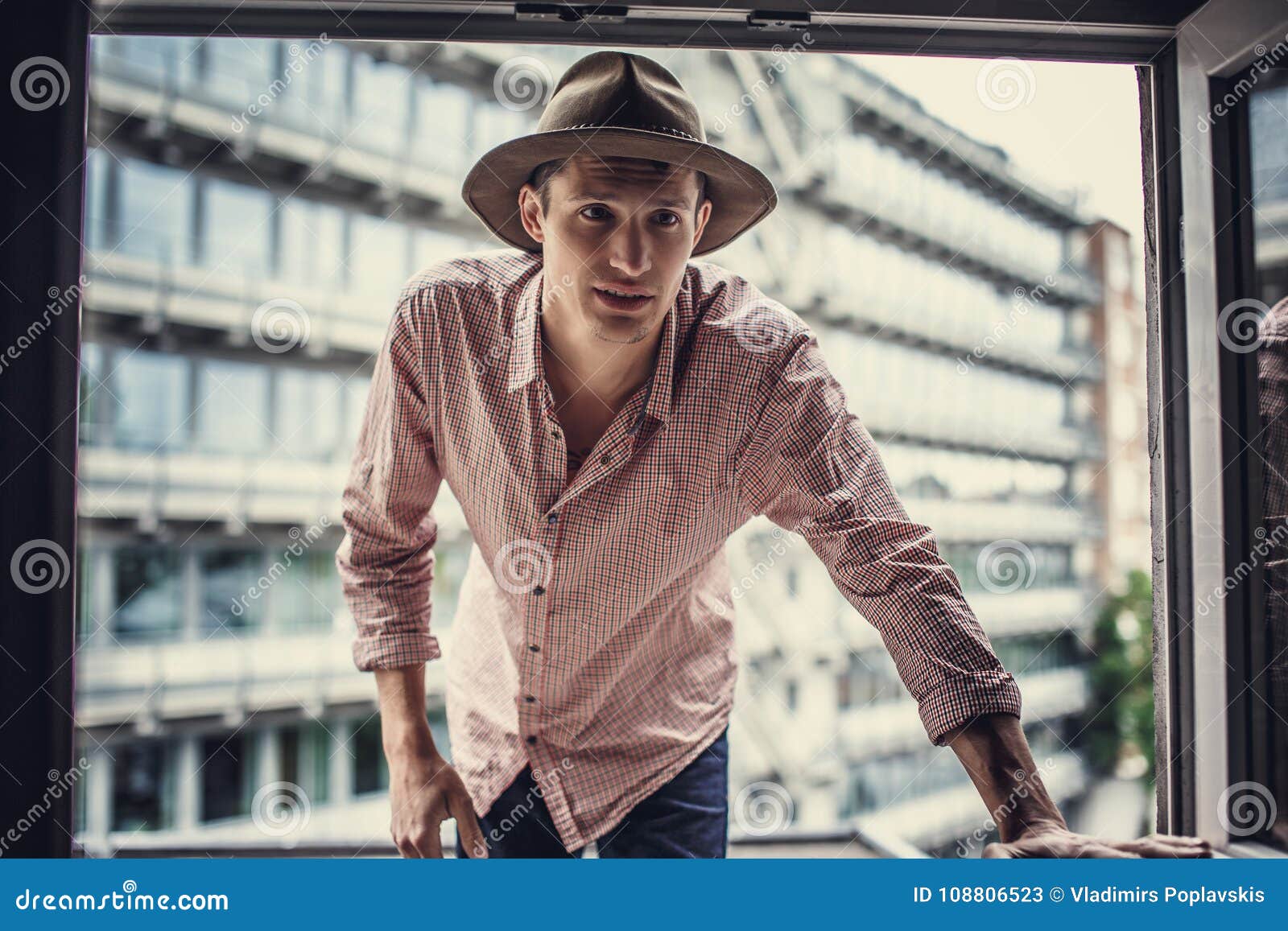 Guy in Pink Shirt Looking through Window. Stock Image - Image of people ...