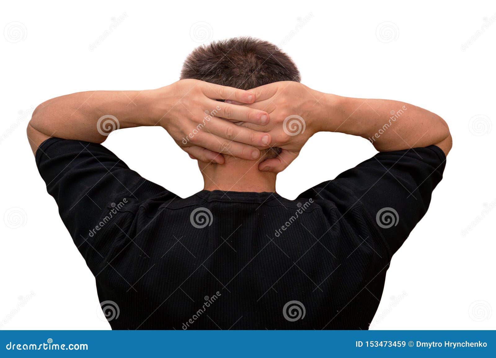 Guy Put Hands Behind Head. Isolated Back Faced Portrait on White
