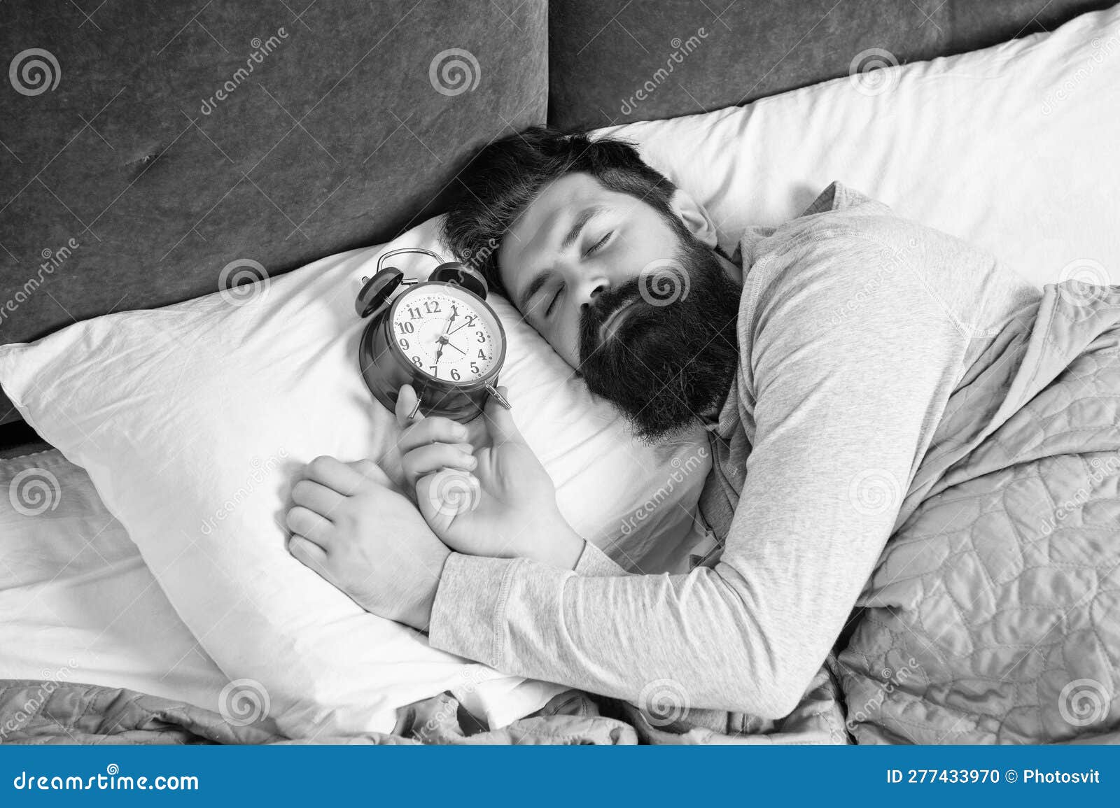 Guy Sleeping with Alarm Clock in Bed, Sleep Time Stock Photo Image of