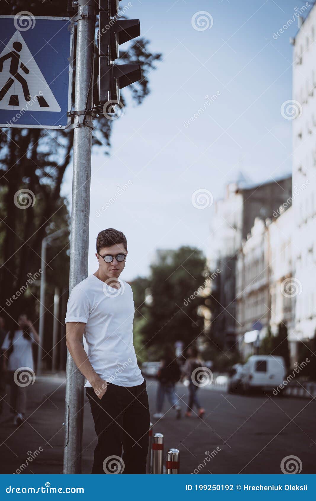Guy Stand on the City Street, Look Camera and Around Stock Photo ...
