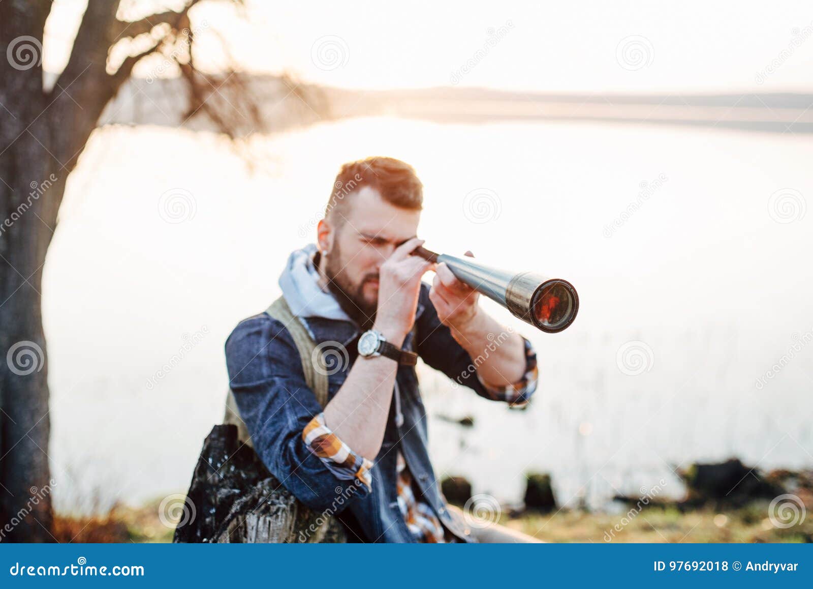 A Guy with a Telescope for Nature... Stock Photo Image of bird