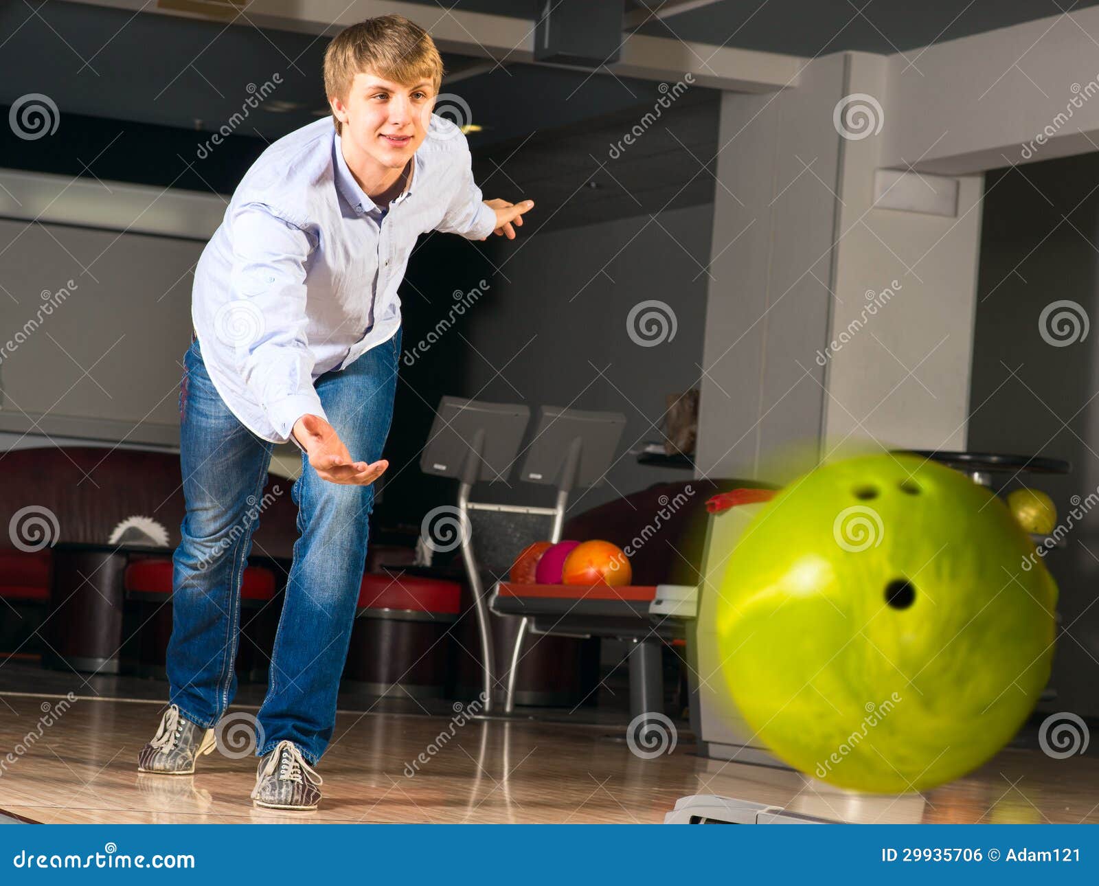 Young man playing bowling stock photo. Image of gamble 29935706