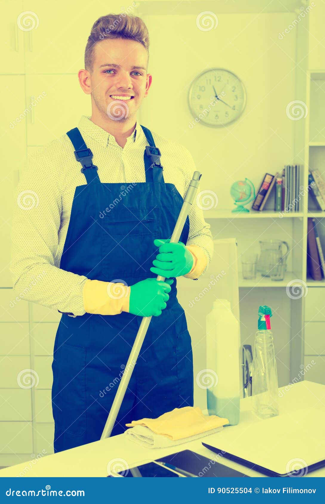 Guy in Uniform Cleaning in Office Stock Photo Image of american
